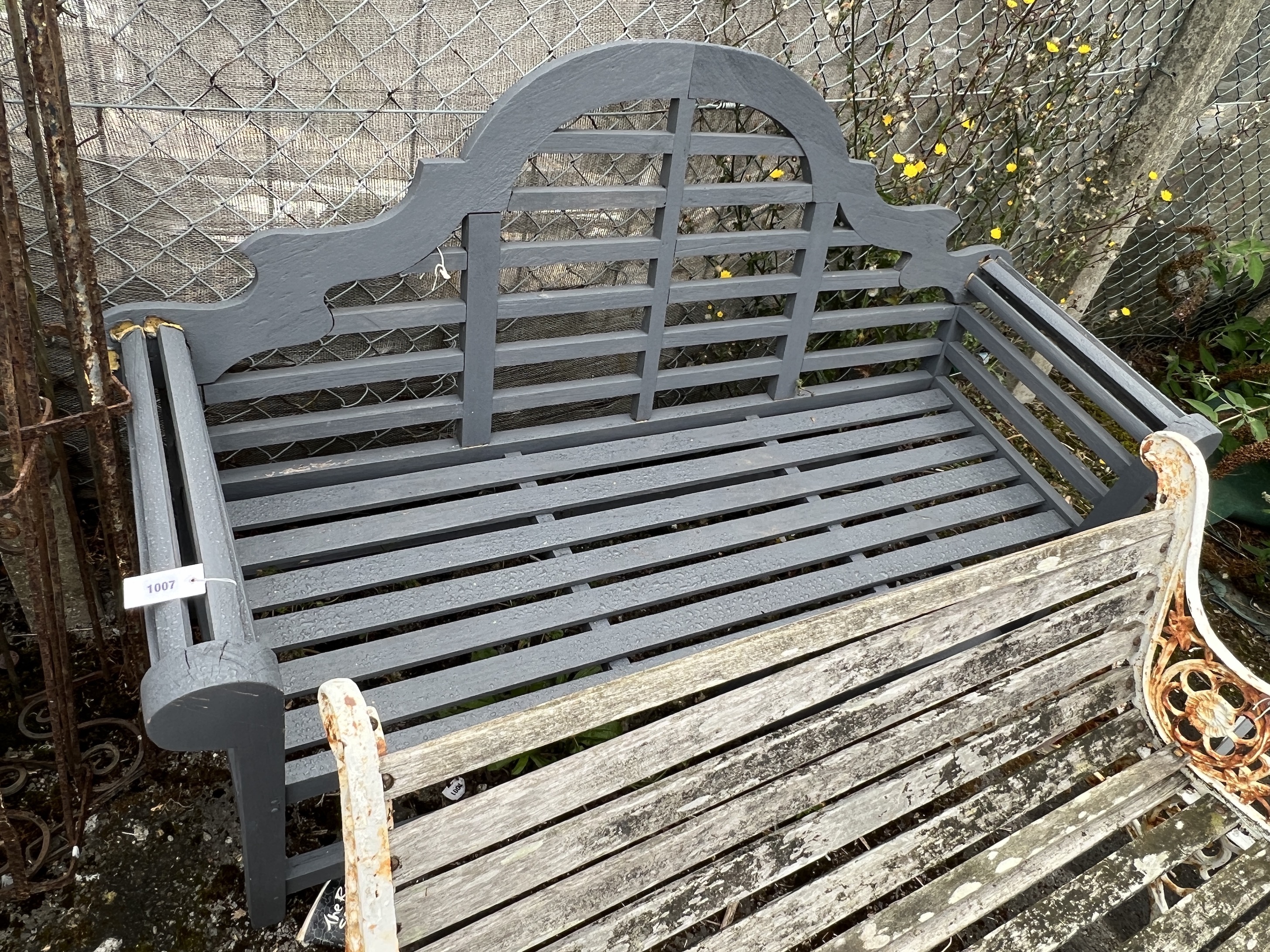 A Lutyens style painted teak garden bench (a.f.), length 160cm, width 58cm, height 105cm